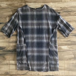 Zara Trafaluc Tunic Dress Gray/Pink Plaid w Oversized Pockets & Fringe Sz Small